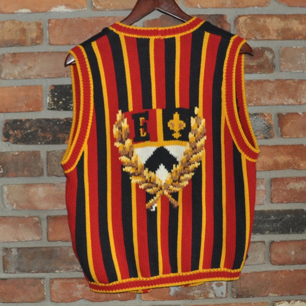 The Eagle's Eye Varsity Preppy Knit Sweater Vest, Striped, Crest On Back M